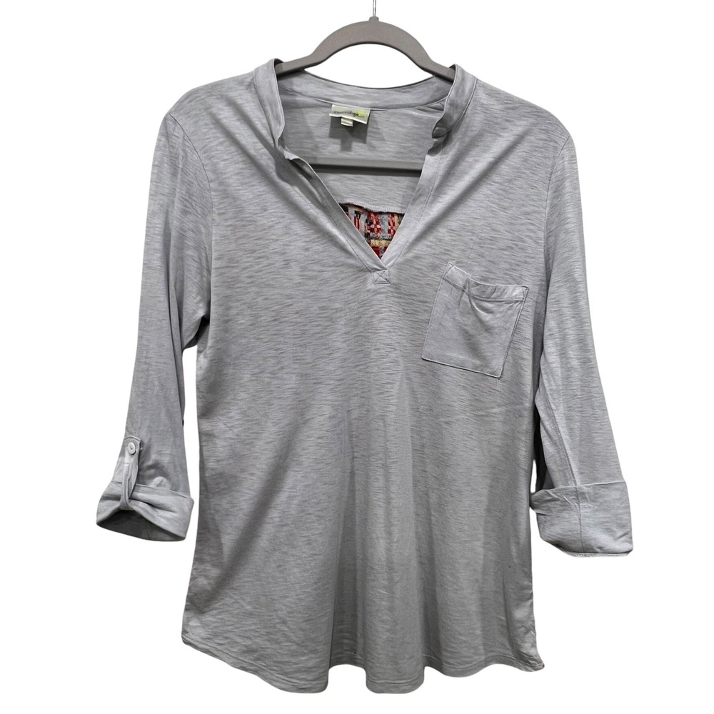 Porridge Womens Grey Mixed Media Abstract Print Back Roll Tab Sleeve Top Size M